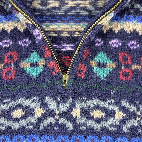 VTG Polo Ralph Lauren Wool Hand Knit Fair Isle Knit Sweater L Men Quarter Zip - Picture 8 of 9